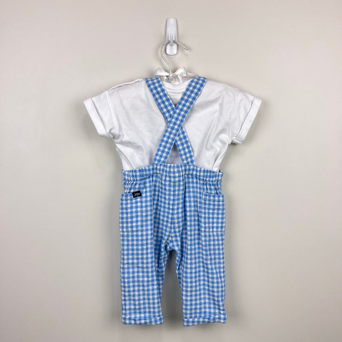 JoJo Maman Bebe Blue 2-Piece Tractor Gingham Dungarees & T-Shirt Set 3-6 Months NWT