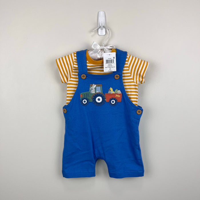 JoJo Maman Bebe Blue Easter Tractor Dungaree Shortall Romper and T-Shirt Set 0-3 Months