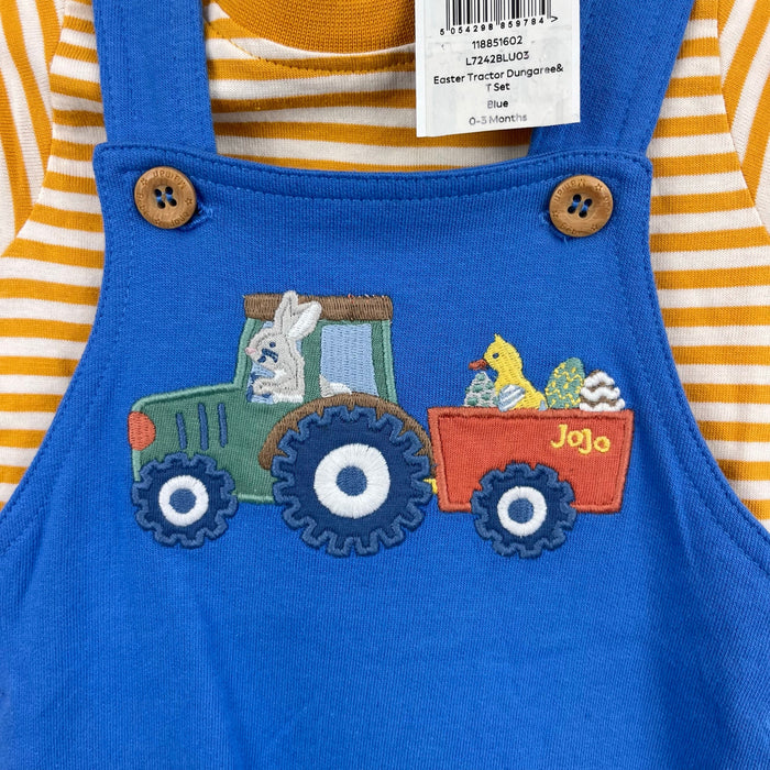 JoJo Maman Bebe Blue Easter Tractor Dungaree Shortall Romper and T-Shirt Set 0-3 Months