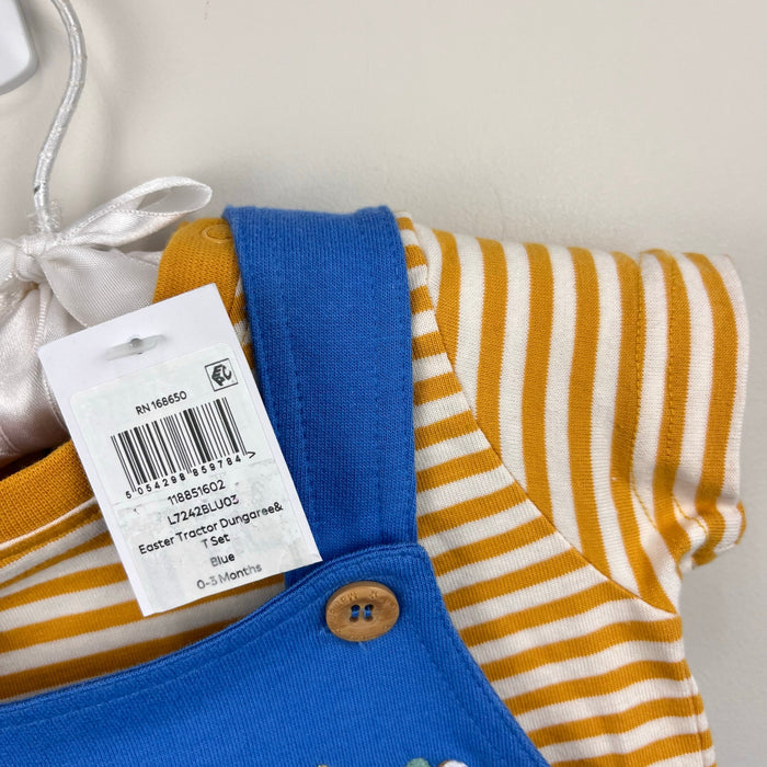 JoJo Maman Bebe Blue Easter Tractor Dungaree Shortall Romper and T-Shirt Set 0-3 Months