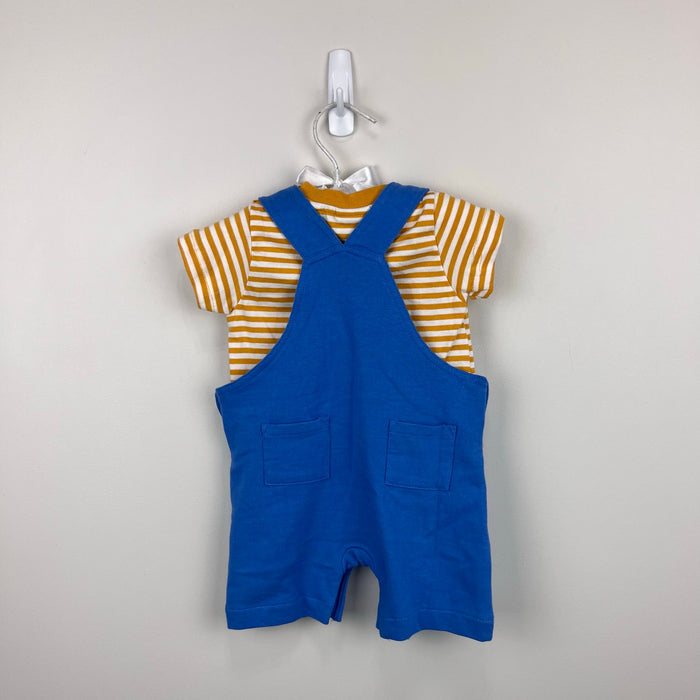 JoJo Maman Bebe Blue Easter Tractor Dungaree Shortall Romper and T-Shirt Set 0-3 Months