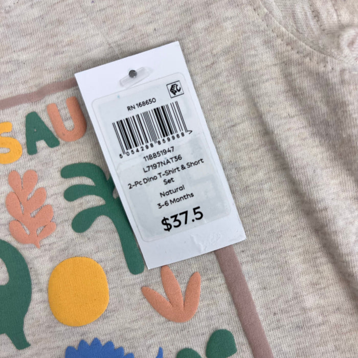 JoJo Maman Bebe Natural 2-Piece Dinosaur Puff Print T-Shirt & Short Set 3-6 Months NWT
