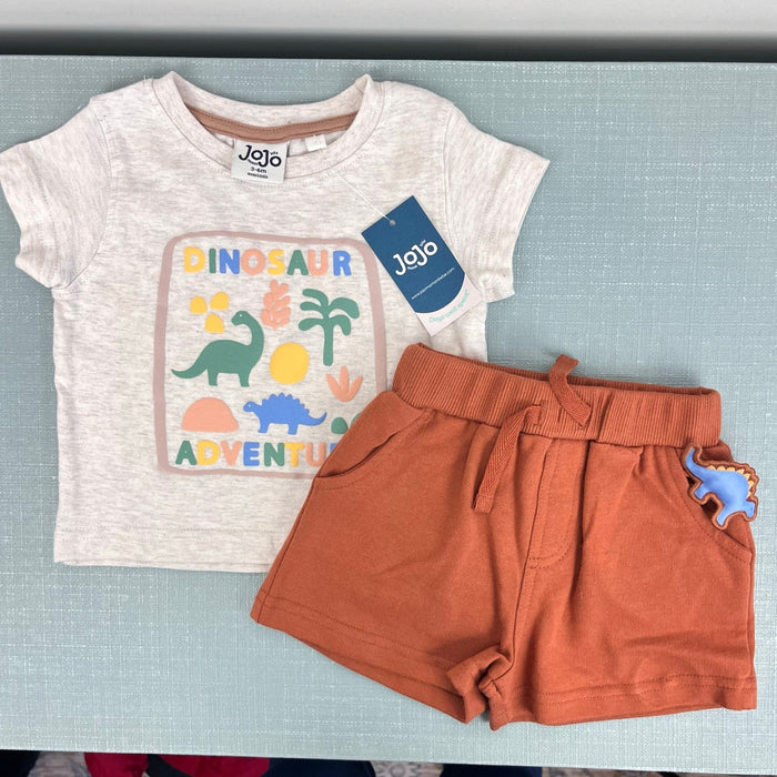 JoJo Maman Bebe Natural 2-Piece Dinosaur Puff Print T-Shirt & Short Set 3-6 Months NWT