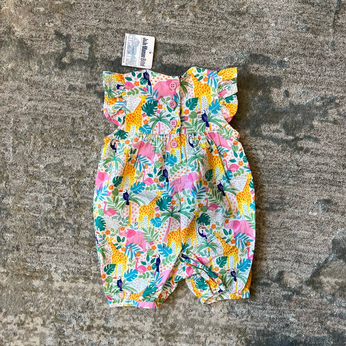 JoJo Maman Bebe Pretty Ruffle Shoulder Sunsuit Tropical Animals 0-3 Months NWT