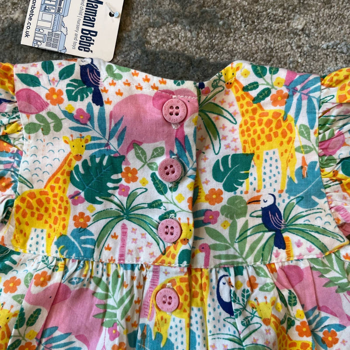 JoJo Maman Bebe Pretty Ruffle Shoulder Sunsuit Tropical Animals 0-3 Months NWT