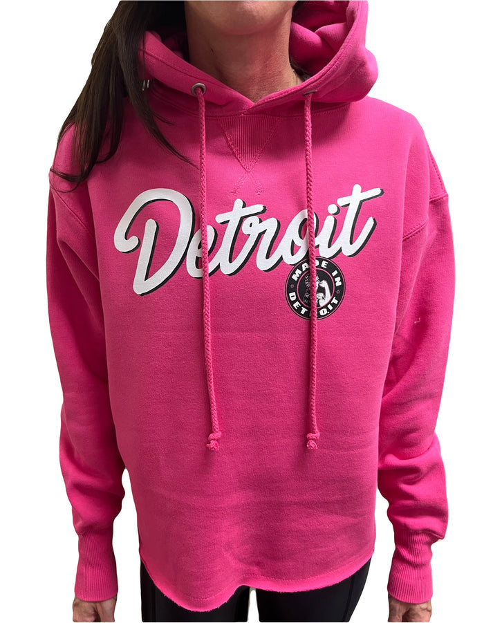 Ladies Detroit Rosie Script Pink Hoodie - XS