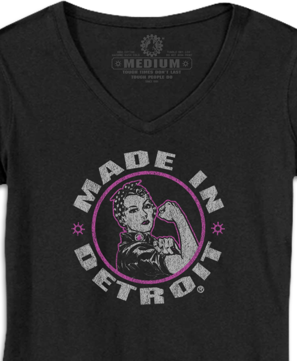 Rosie the Riveter V-Neck T-Shirt Women Made In Detroit logo