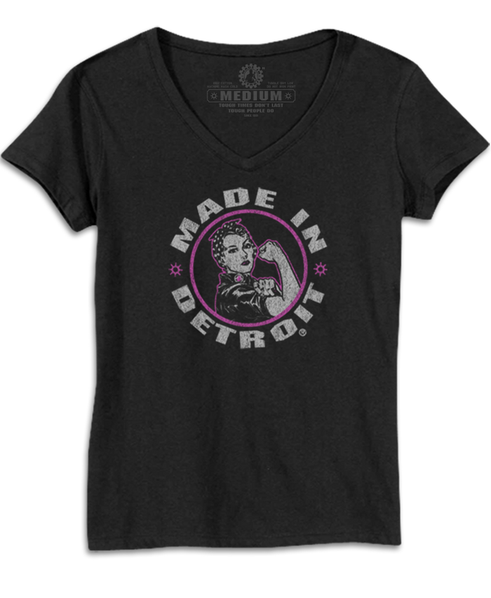 Rosie the Riveter V-Neck T-Shirt Women Made In Detroit logo