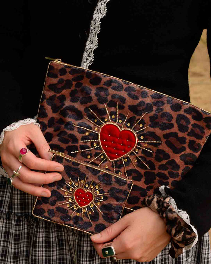Leopard Heart Burst Large Pouch