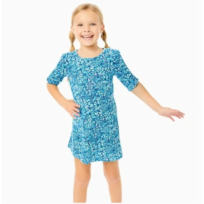 Lilly Pulitzer Girls Mini Belden Dress Cumulus Blue Blooming Together M 6-7