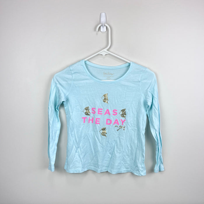 Lilly Pulitzer Kay Top Pink Sunset Seas the Day Graphic T-Shirt L 8-10