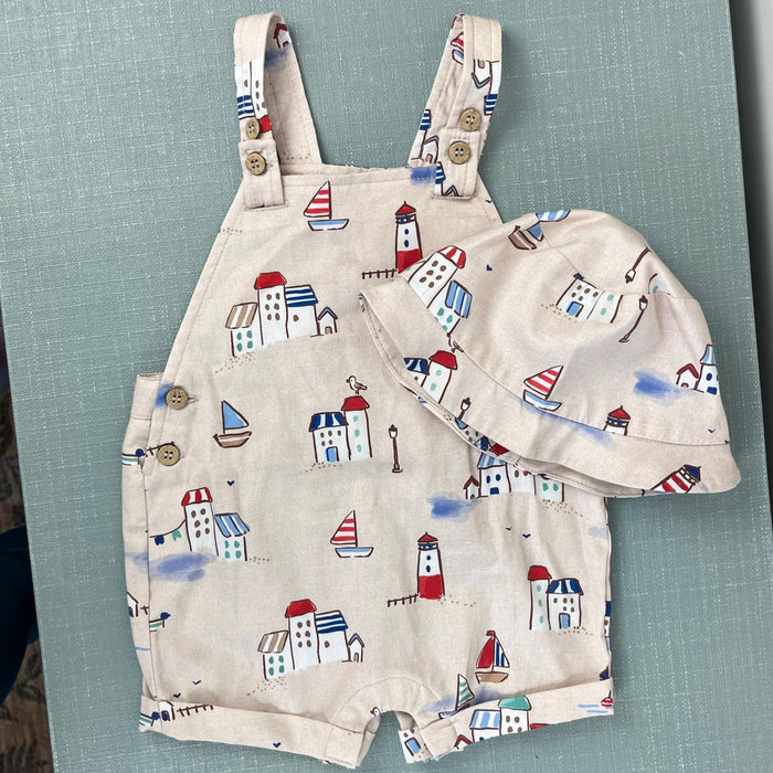Mayoral Printed Two Piece Dungarees and Sun Hat Set 6-9 Months