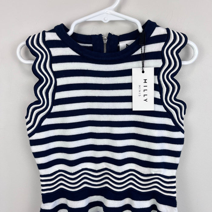 Milly Mini Textured Wave Flare Dress Navy Blue Stripes 7/8 NWT