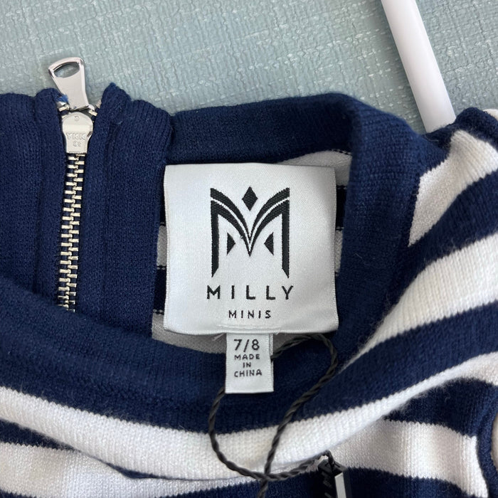 Milly Mini Textured Wave Flare Dress Navy Blue Stripes 7/8 NWT