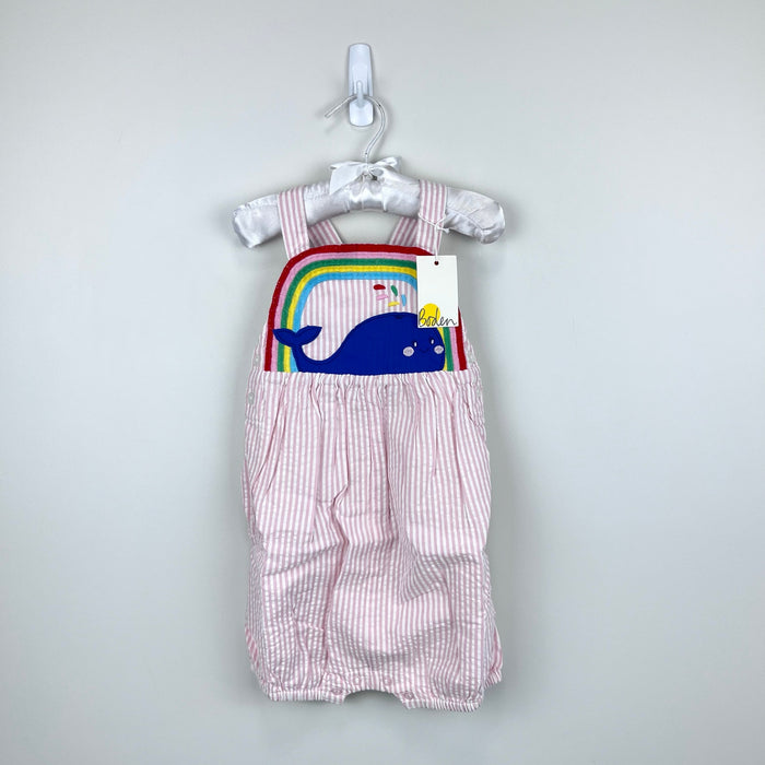 Mini Boden Appliqué Whale Woven Romper Ivory/Pink Ticking Whale 2-3 NWT