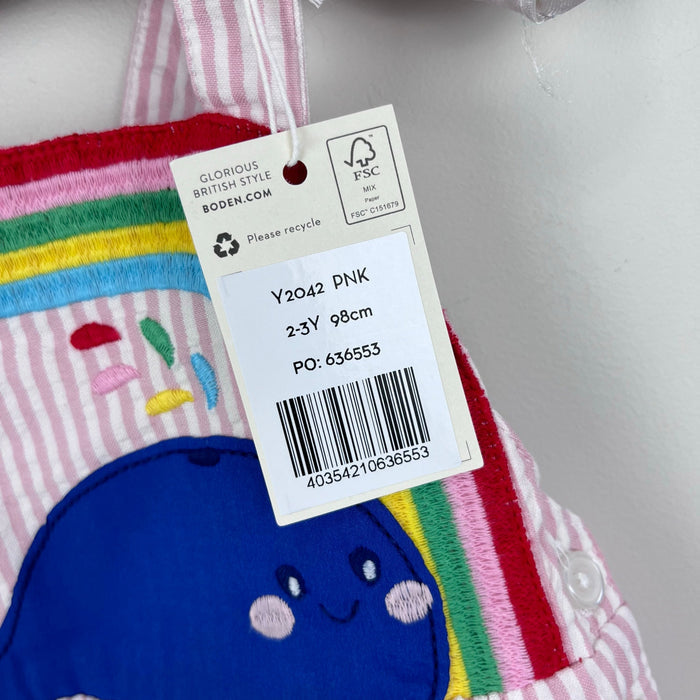 Mini Boden Appliqué Whale Woven Romper Ivory/Pink Ticking Whale 2-3 NWT