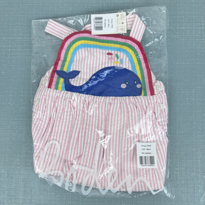 Mini Boden Appliqué Whale Woven Romper Ivory/Pink Ticking Whale 2-3 NWT