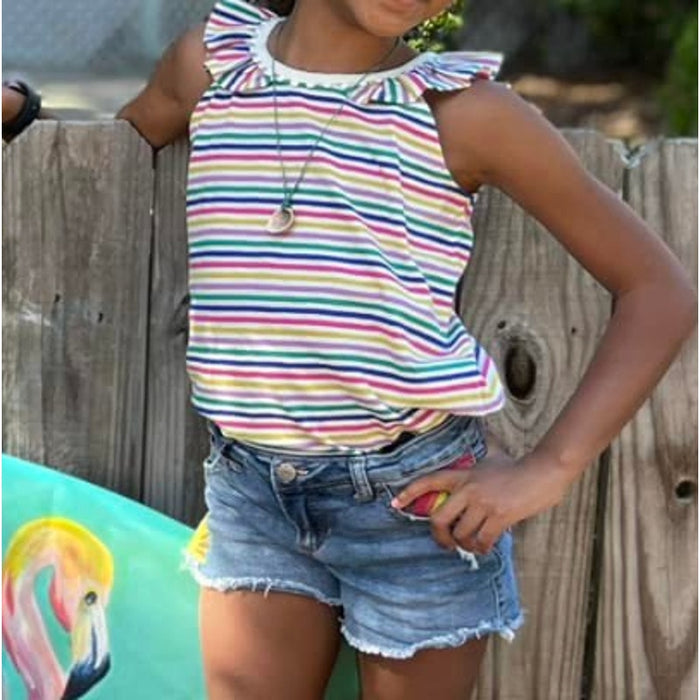 Mini Boden Charlie Pom Jersey Tank Top Rainbow Stripe 7-8