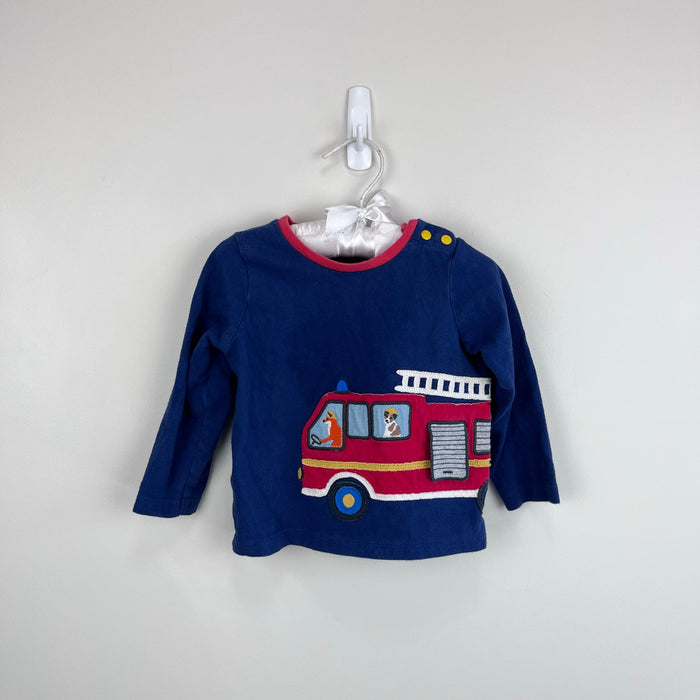 Mini Boden Fire Truck Applique T-Shirt Beacon Blue Fire Engine 6-12 Months