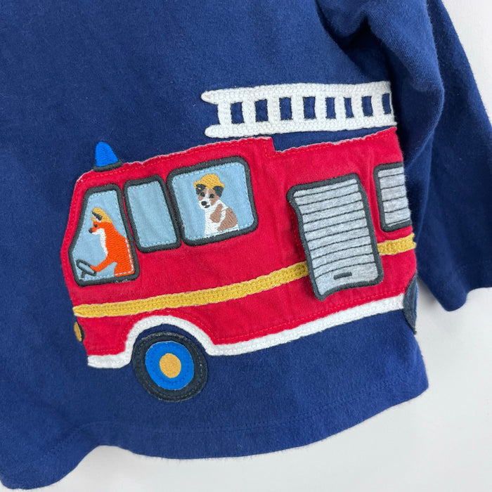 Mini Boden Fire Truck Applique T-Shirt Beacon Blue Fire Engine 6-12 Months