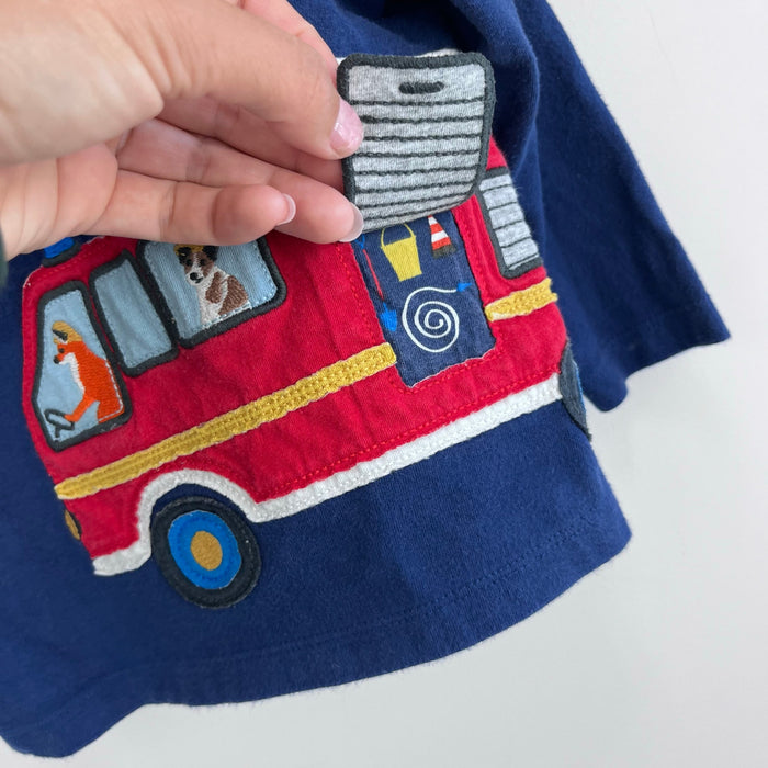 Mini Boden Fire Truck Applique T-Shirt Beacon Blue Fire Engine 6-12 Months