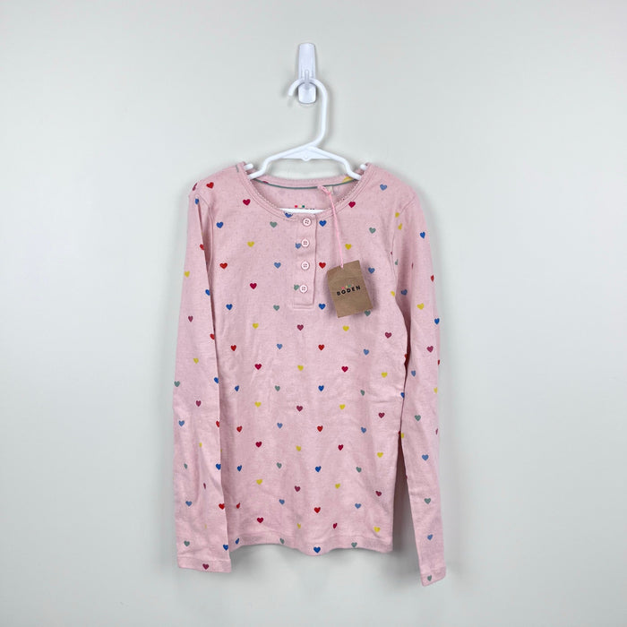 Mini Boden Henley Pointelle Top Provence Pink Hearts 9-10 NWT
