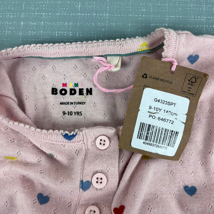 Mini Boden Henley Pointelle Top Provence Pink Hearts 9-10 NWT