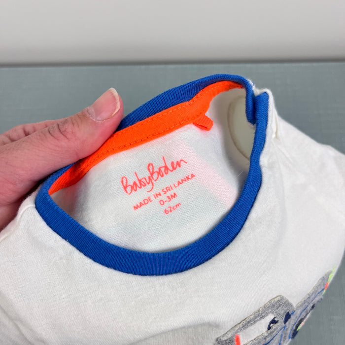 Mini Boden Jersey Short Set Blue Stripe Applique Truck 0-3 Months