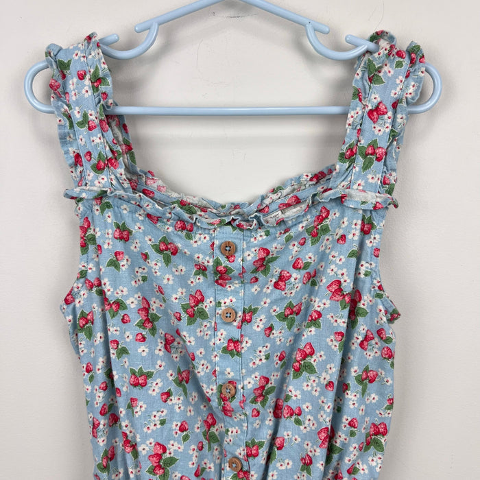 Mini Boden Linen-Cotton Ruffle Romper Surf Strawberry Ditsy 9-10