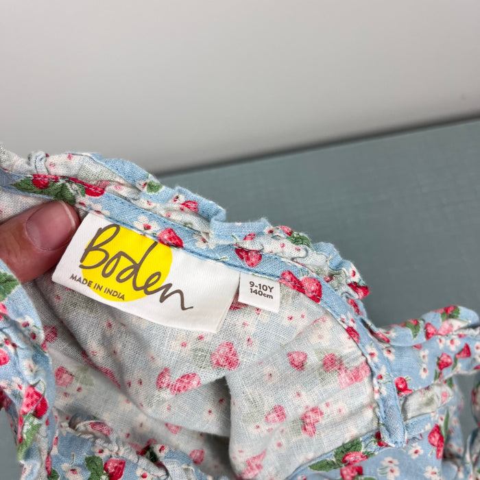 Mini Boden Linen-Cotton Ruffle Romper Surf Strawberry Ditsy 9-10