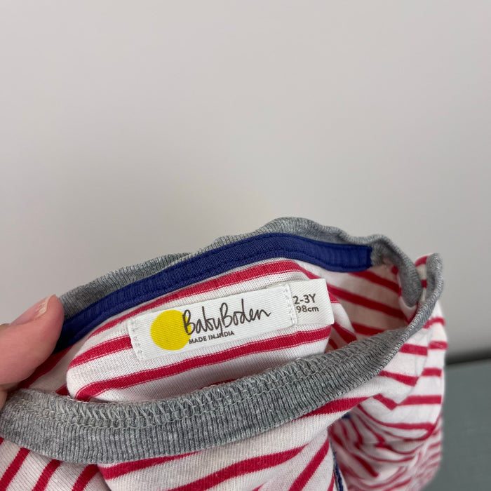 Mini Boden Red and White Striped Applique Panda T-Shirt 2-3