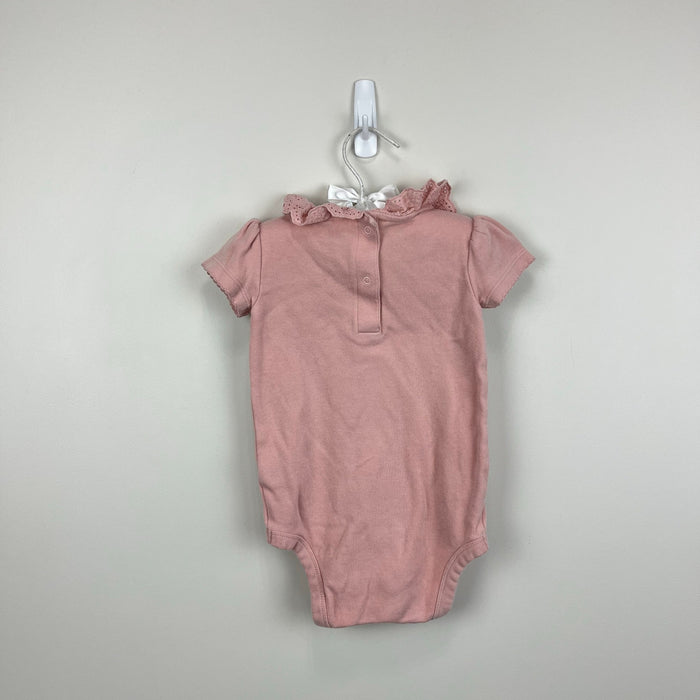Mini Boden Short Sleeve Pink Eyelet Ruffle Collar Bodysuit 18-24 Months