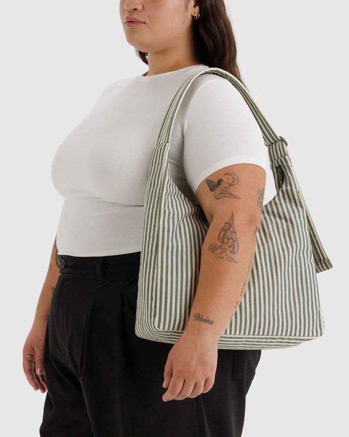 Sage Stripe Nylon Shoulder Bag | BAGGU | Nylon Shoulder Bag