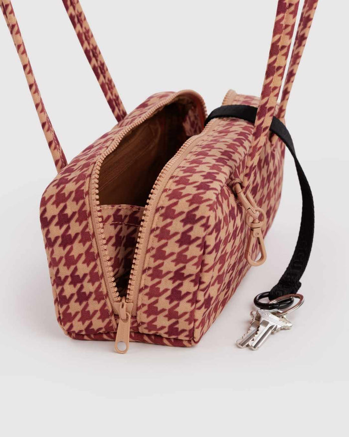 Tan Houndstooth Small Nylon Bowler Bag | BAGGU | Small Nylon Bowler Bag