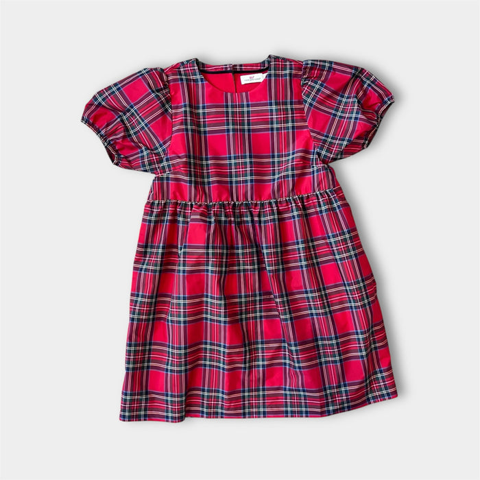 Vineyard Vines Girls' Taffeta Puff Sleeve Dress Royal Stewart Red Plaid L