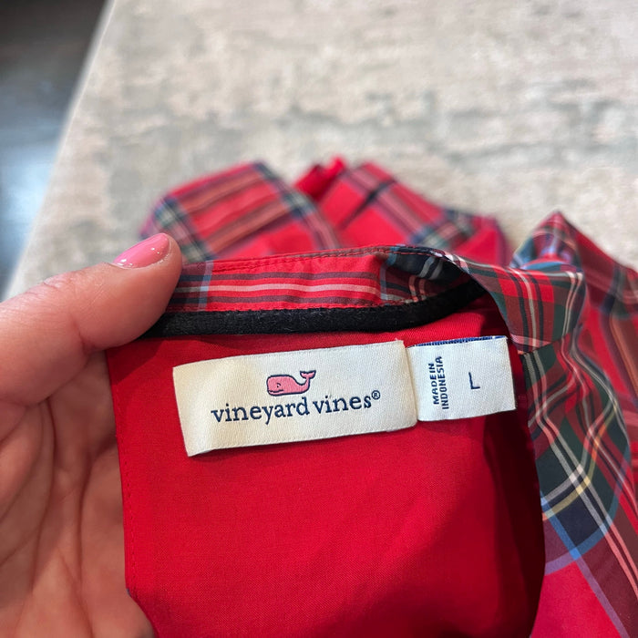 Vineyard Vines Girls' Taffeta Puff Sleeve Dress Royal Stewart Red Plaid L