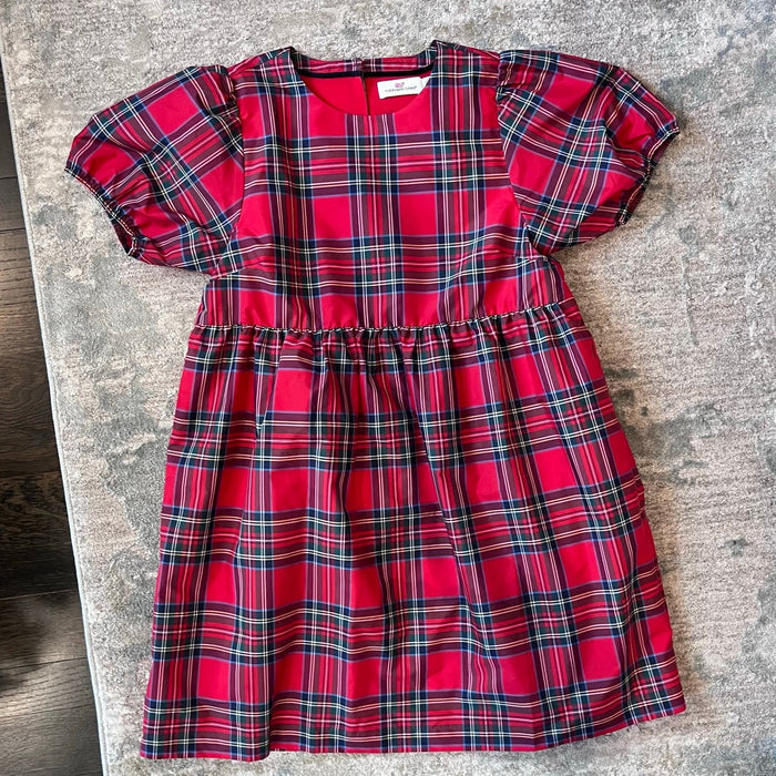 Vineyard Vines Girls' Taffeta Puff Sleeve Dress Royal Stewart Red Plaid L
