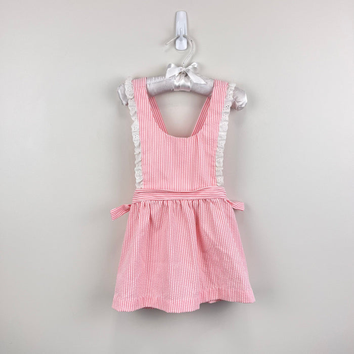 Vintage Bee Mine Pink Seersuck Stripe Lace Ruffle Pinafore Dress 3T