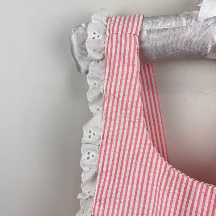 Vintage Bee Mine Pink Seersuck Stripe Lace Ruffle Pinafore Dress 3T