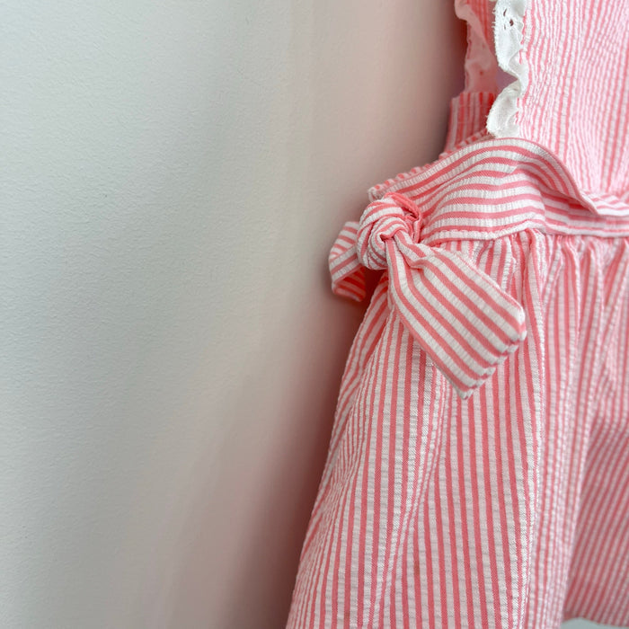 Vintage Bee Mine Pink Seersuck Stripe Lace Ruffle Pinafore Dress 3T