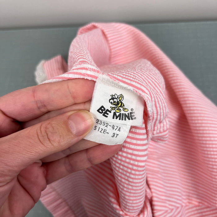 Vintage Bee Mine Pink Seersuck Stripe Lace Ruffle Pinafore Dress 3T
