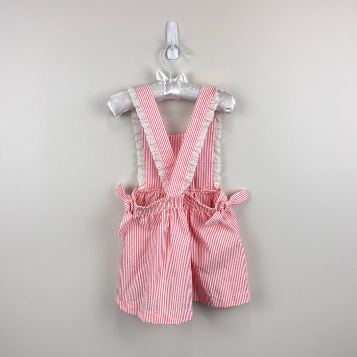 Vintage Bee Mine Pink Seersuck Stripe Lace Ruffle Pinafore Dress 3T
