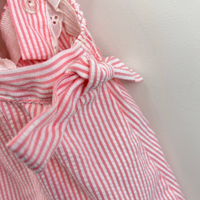 Vintage Bee Mine Pink Seersuck Stripe Lace Ruffle Pinafore Dress 3T