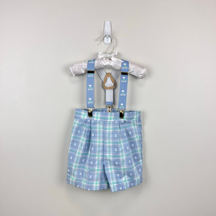 Vintage Blue Green Plaid Teddy Bear Suspender Shorts 18 Months USA