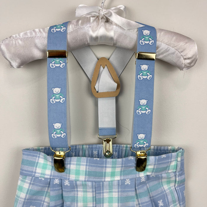 Vintage Blue Green Plaid Teddy Bear Suspender Shorts 18 Months USA