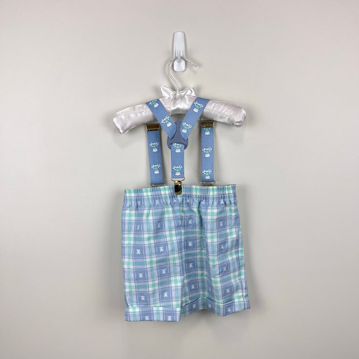 Vintage Blue Green Plaid Teddy Bear Suspender Shorts 18 Months USA