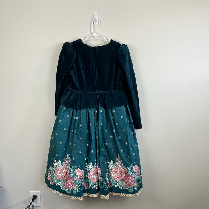 Vintage Daisy Kingdom Green Velvet Floral Holiday Dress 10