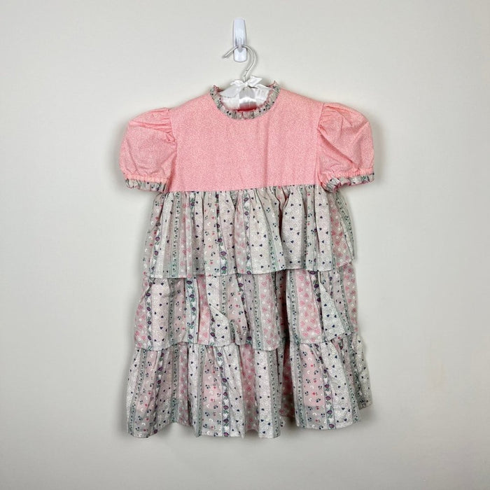 Vintage Girls Pink Gray Floral Tiered Dress