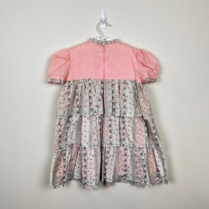 Vintage Girls Pink Gray Floral Tiered Dress