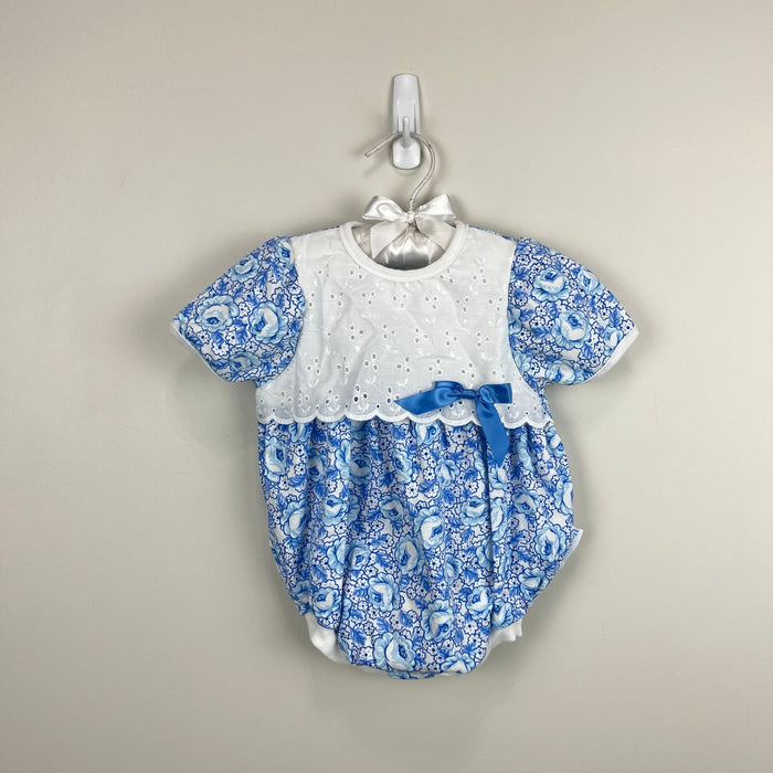 Vintage Healthtex Blue Floral Lace Bow Shortall Romper 6-9 Months